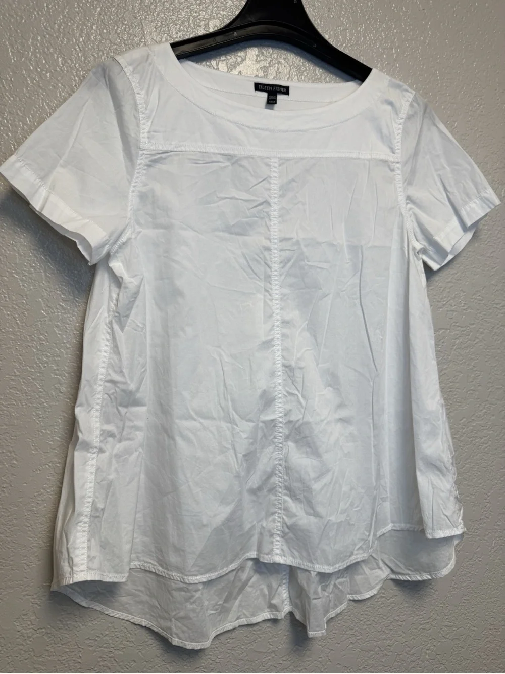 Eileen Fisher White Organic Cotton/Spandex Woven Round Neck Top